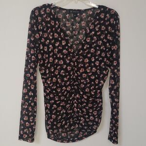 INC International Concepts Top Womens sz Large Sheer Ruched Floral Long Sleeve